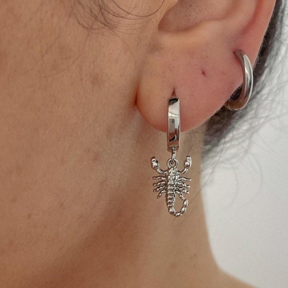 Small Silver Huggie Earrings, Silver Hoop Earrings, Gothic Earrings‌‌‌‌‌‌ - Picture 3 of 4